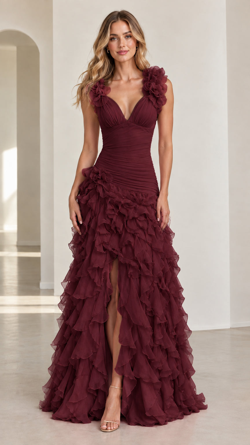 Front view of model wearing burgundy red floral applique tiered ruffle evening gown