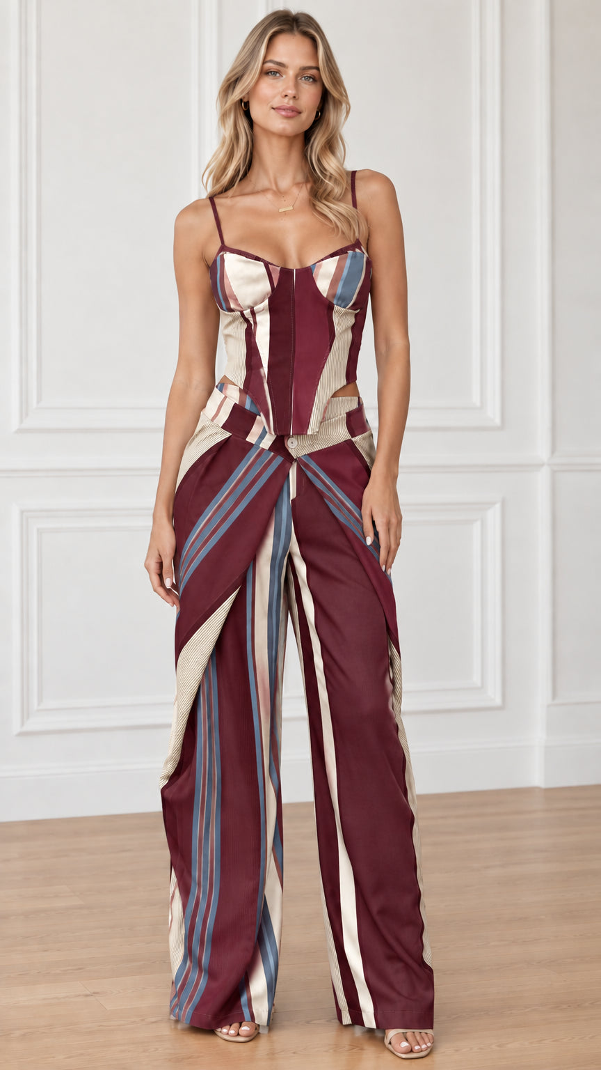 Front full view of woman wearing Burgundy Multicolor striped corset top and wide-leg pants set