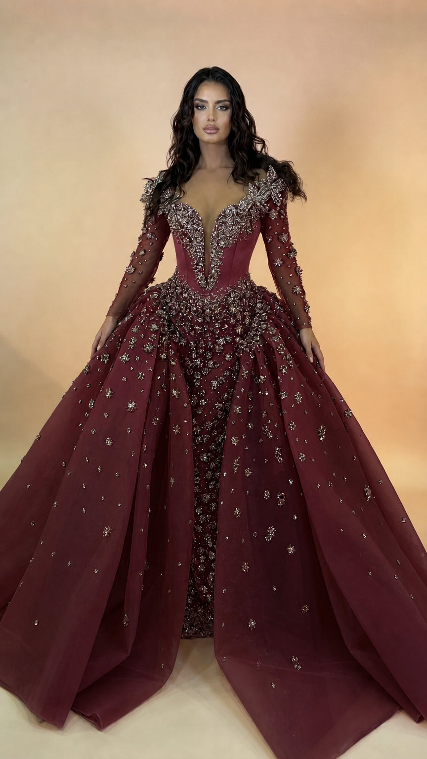 Full front view of burgundy wine red crystal embellished ball gown