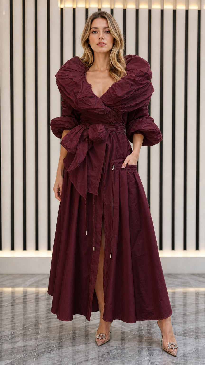 Model wearing burgundy wine ruched collar maxi gown