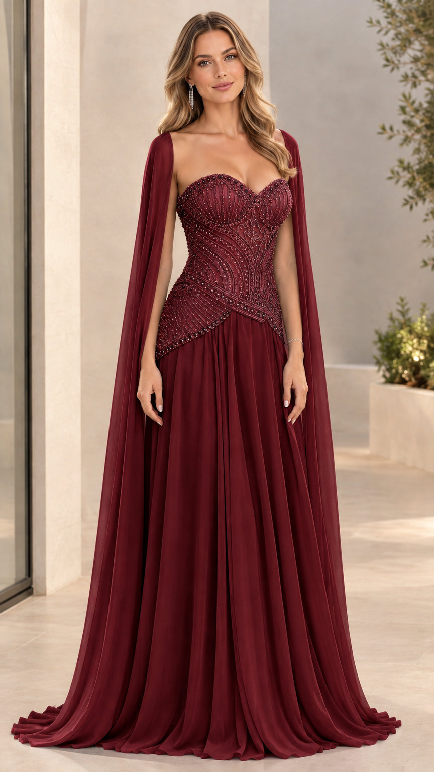 Full-length burgundy wine beaded corset evening gown with cape sleeves