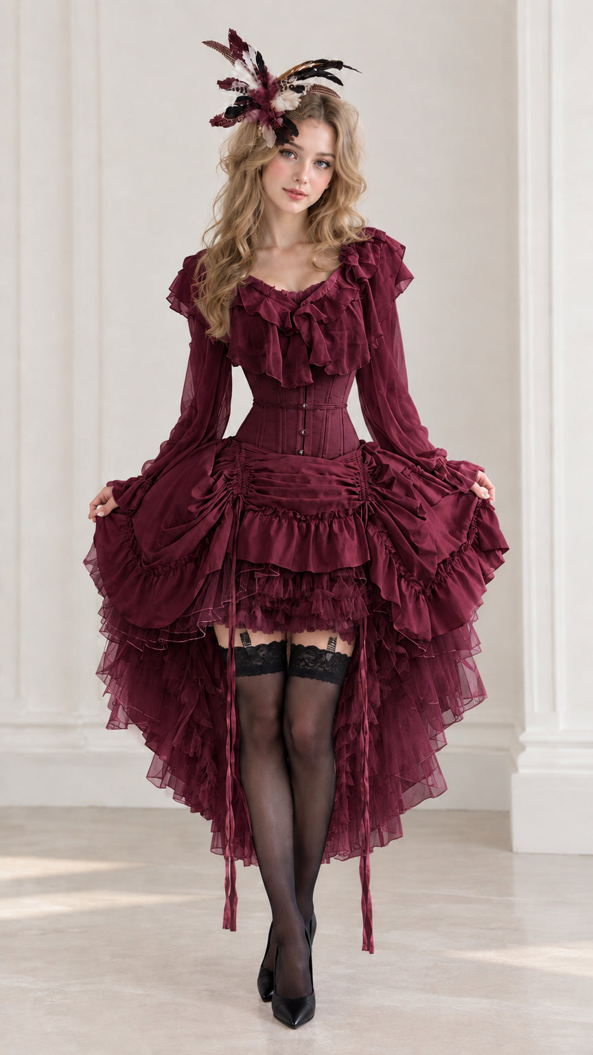 Full front view of model in burgundy wine red Victorian ruffled high-low corset dress