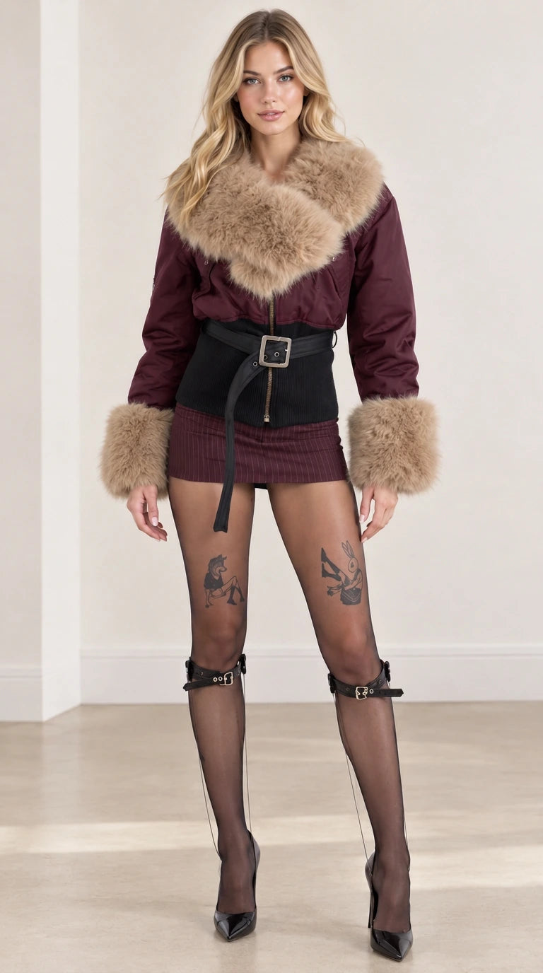 Front view of woman wearing burgundy belted bomber jacket with tan faux fur collar