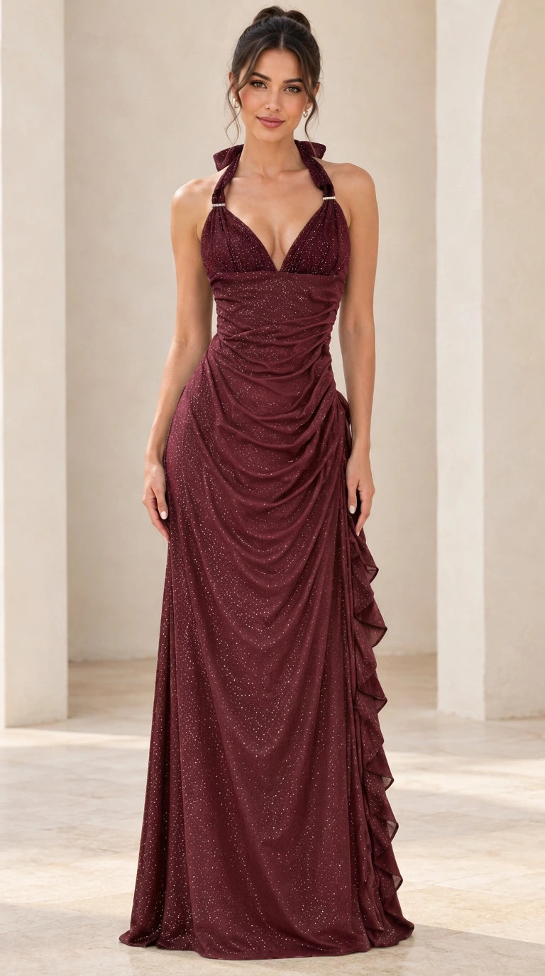 Burgundy wine red halter formal maxi dress with glitter finish