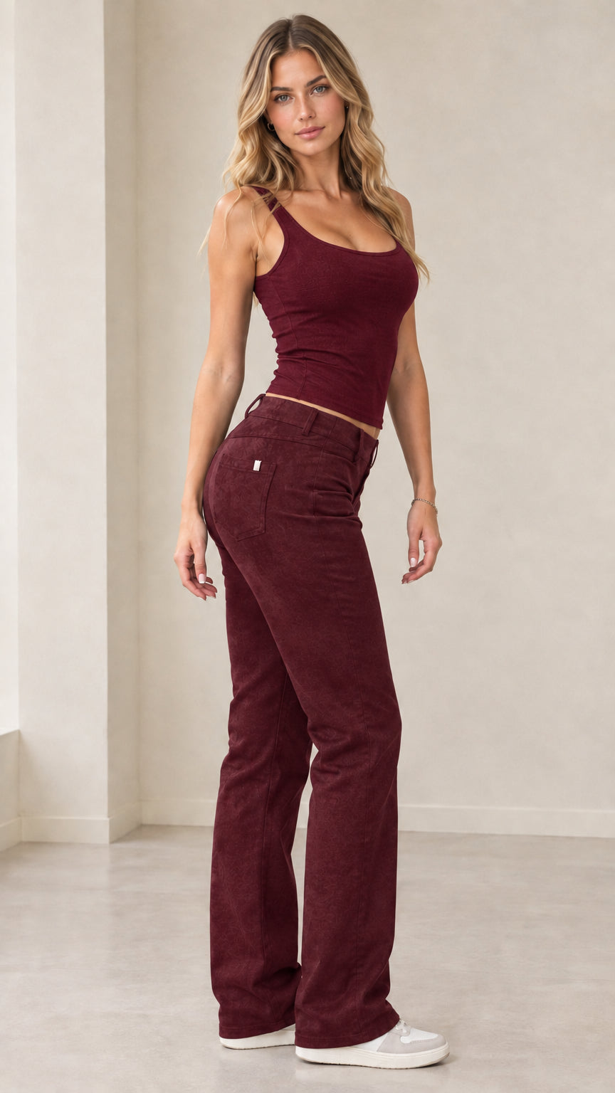 Model wearing burgundy red textured bootcut casual pants with matching tank top