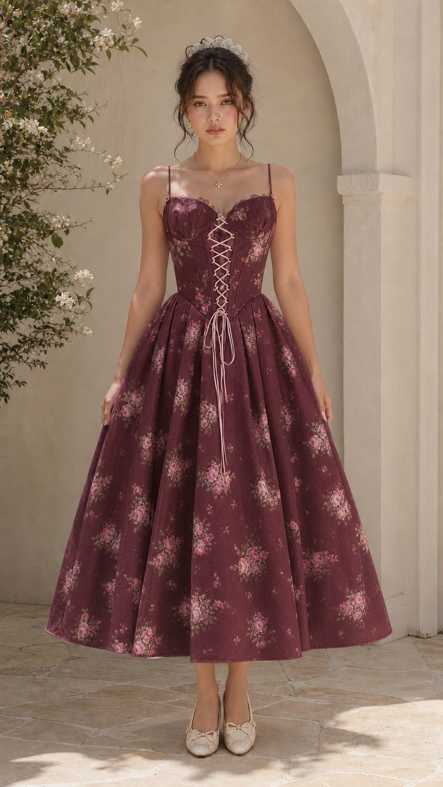 Burgundy floral corset sweetheart midi dress on model