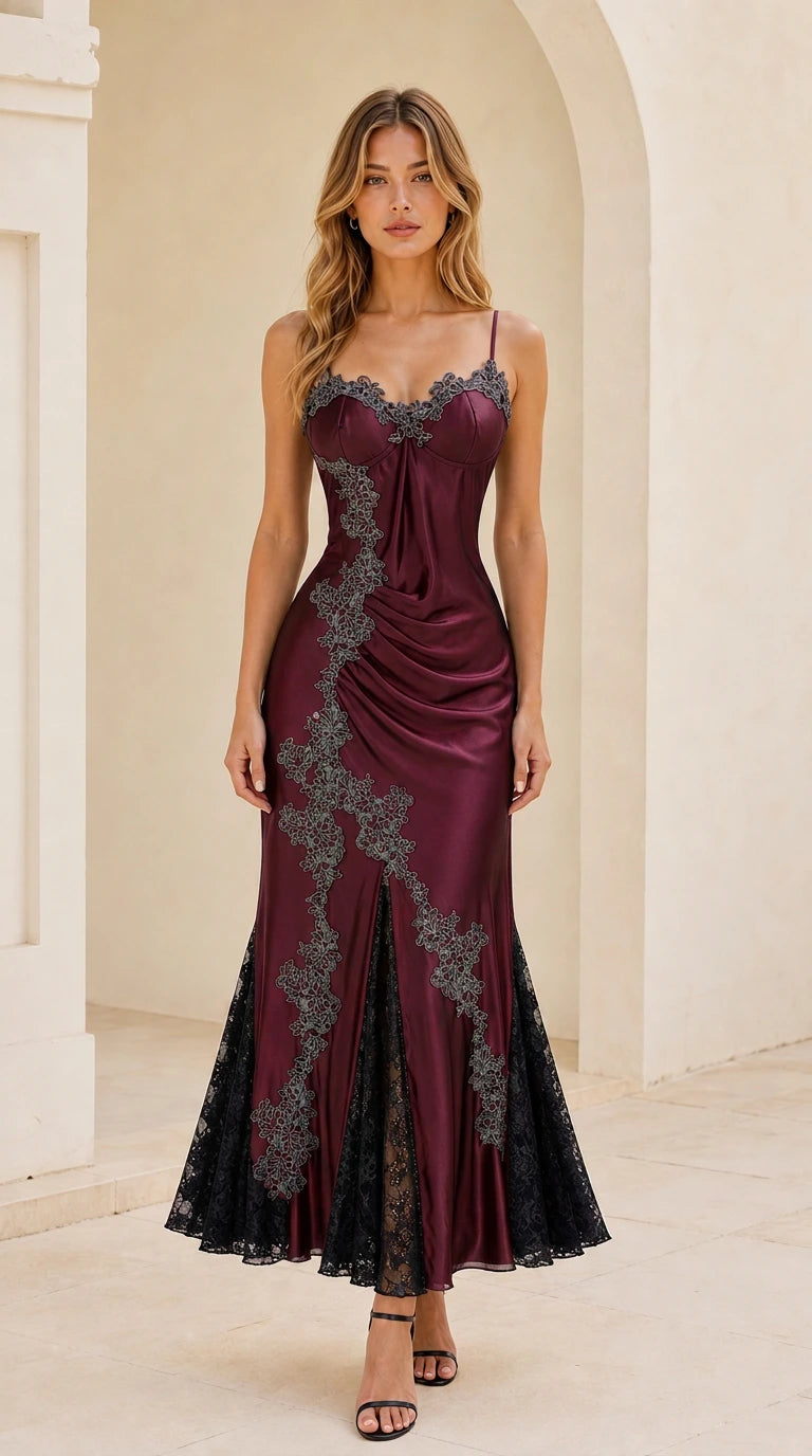 Burgundy wine satin corset dress with black lace trim