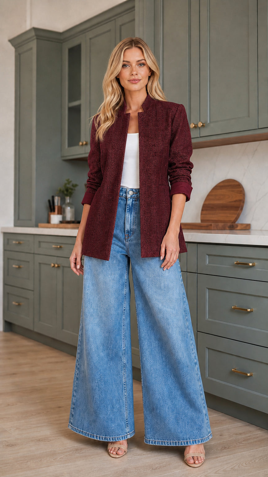 Women's burgundy wine red stand collar tailored open front jacket