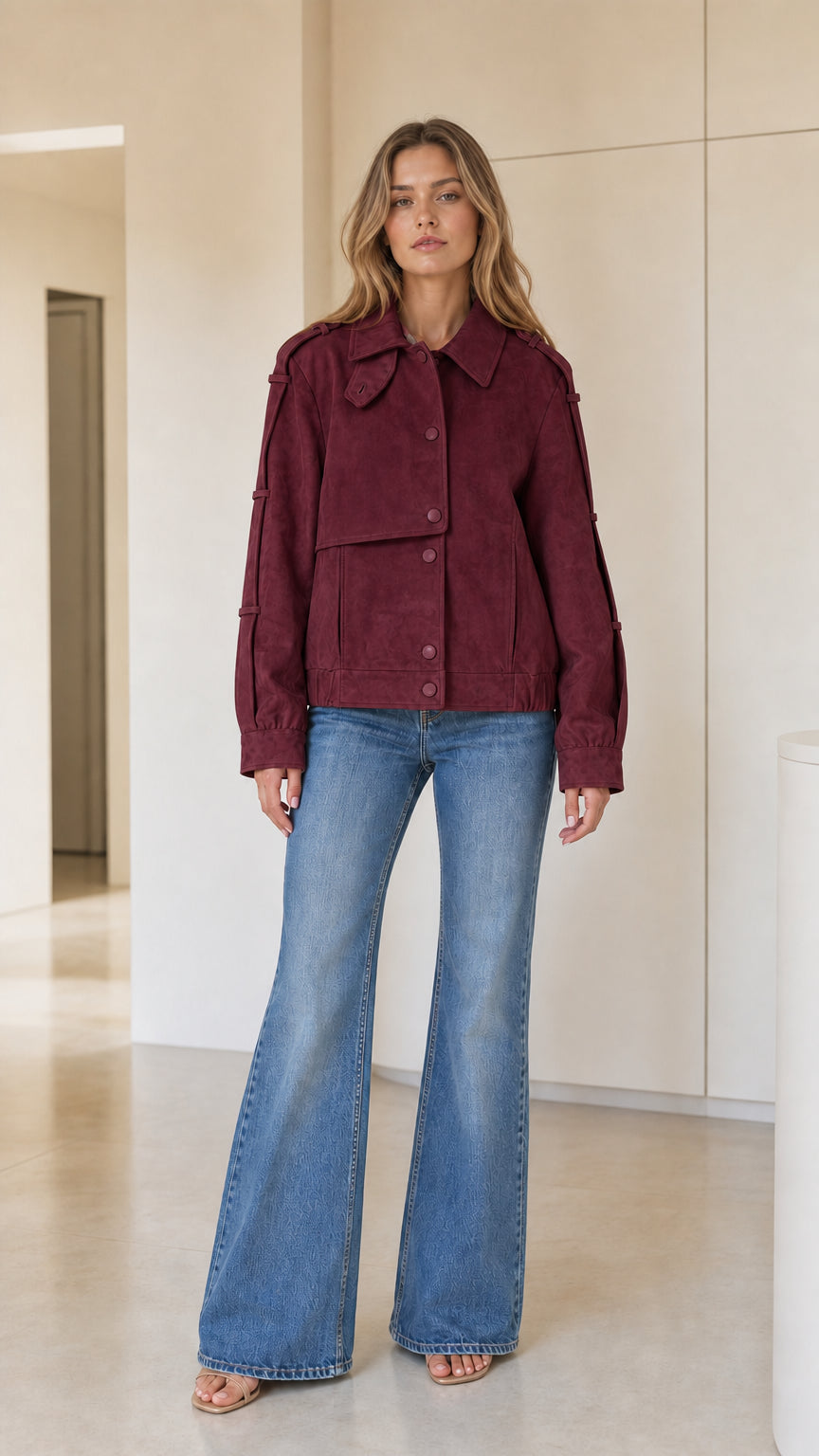 Front full-body view of model wearing burgundy faux suede cropped utility jacket with blue flare jeans