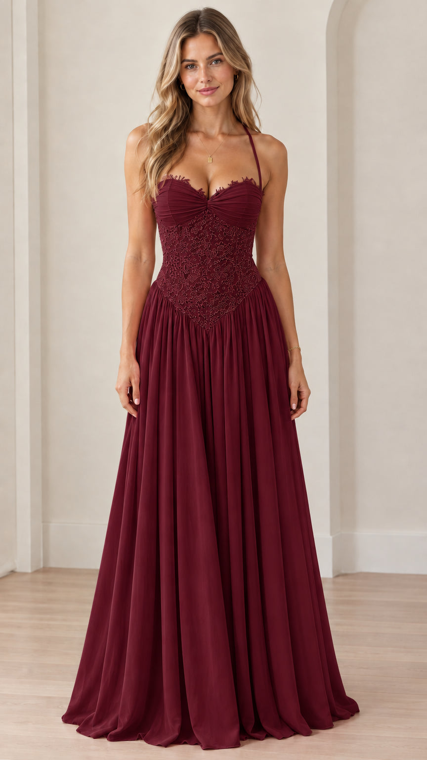 Front view of woman wearing burgundy corset bodice basque waist evening dress