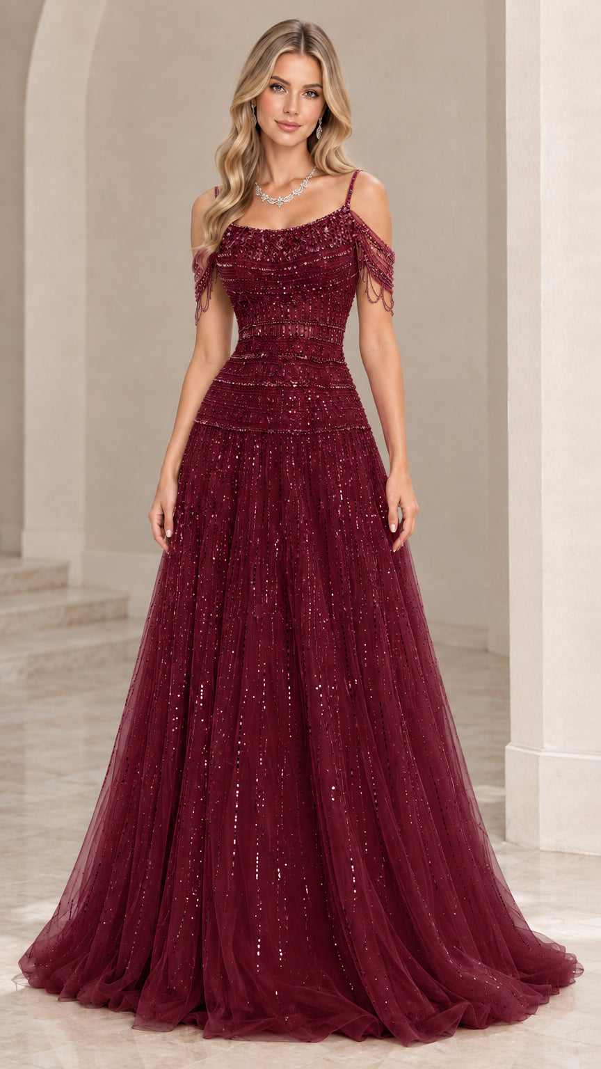 Front view of burgundy red sequin and beaded tulle evening dress