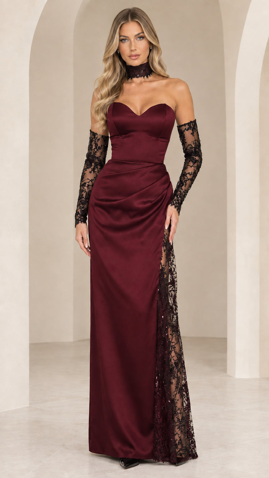 Burgundy wine strapless satin evening gown with black lace slit and matching gloves