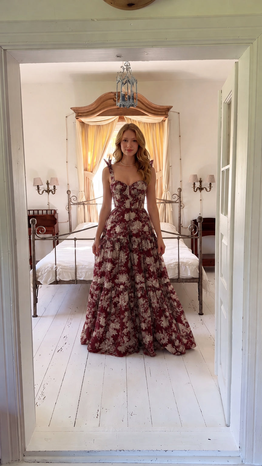 Front view of woman wearing burgundy floral corset maxi dress with lace-up back