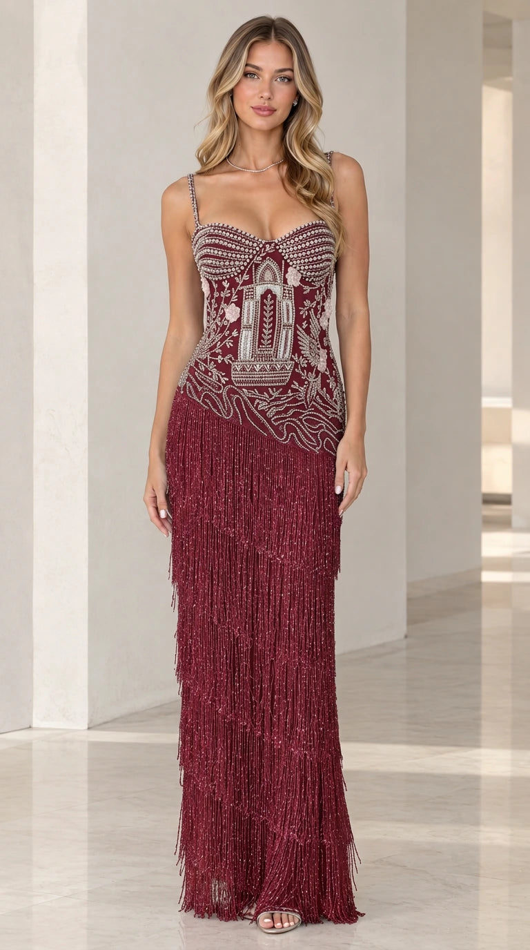 Front view of Burgundy wine beaded corset fringe maxi gown