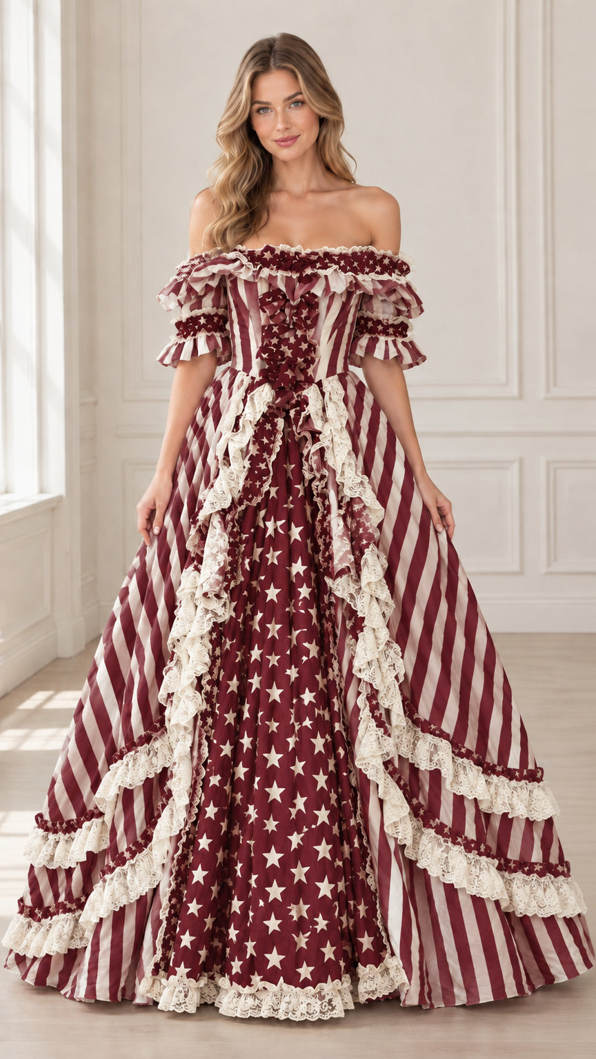 Full front view of burgundy and white stars and stripes Victorian-style ball gown