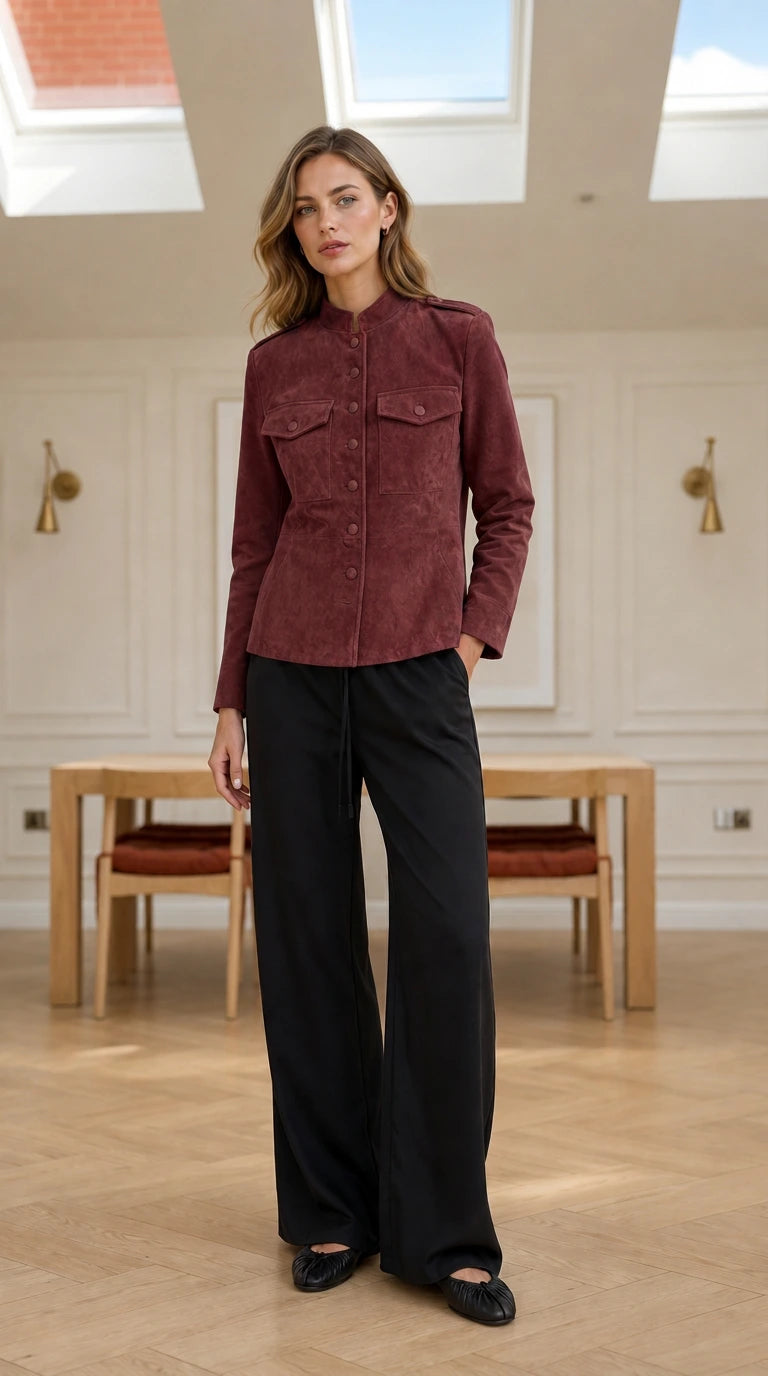 Model wearing burgundy wine faux suede stand collar jacket