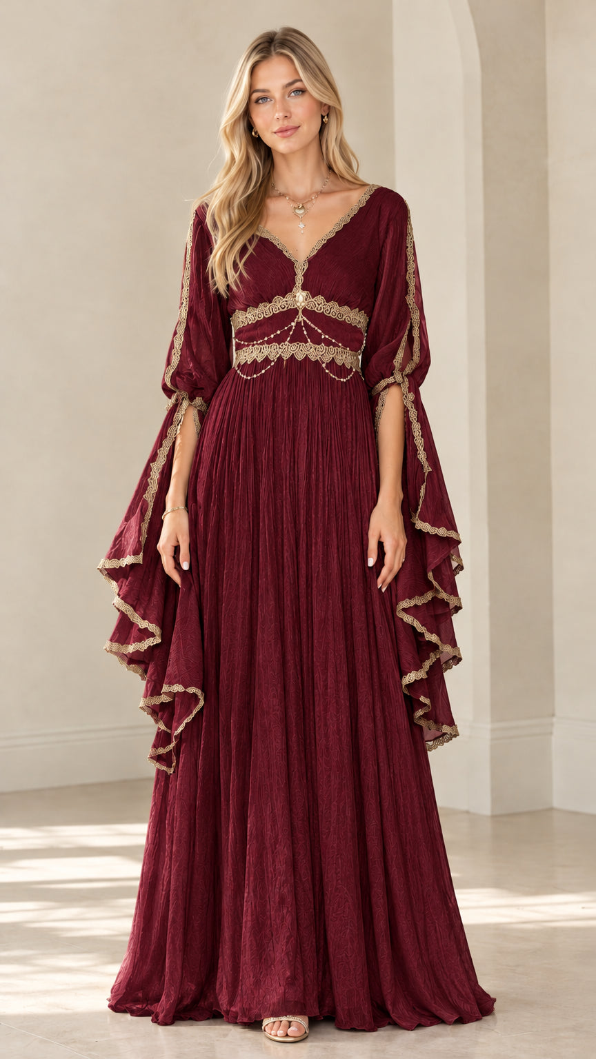 Front view of woman wearing Burgundy wine red long bell-sleeve maxi dress
