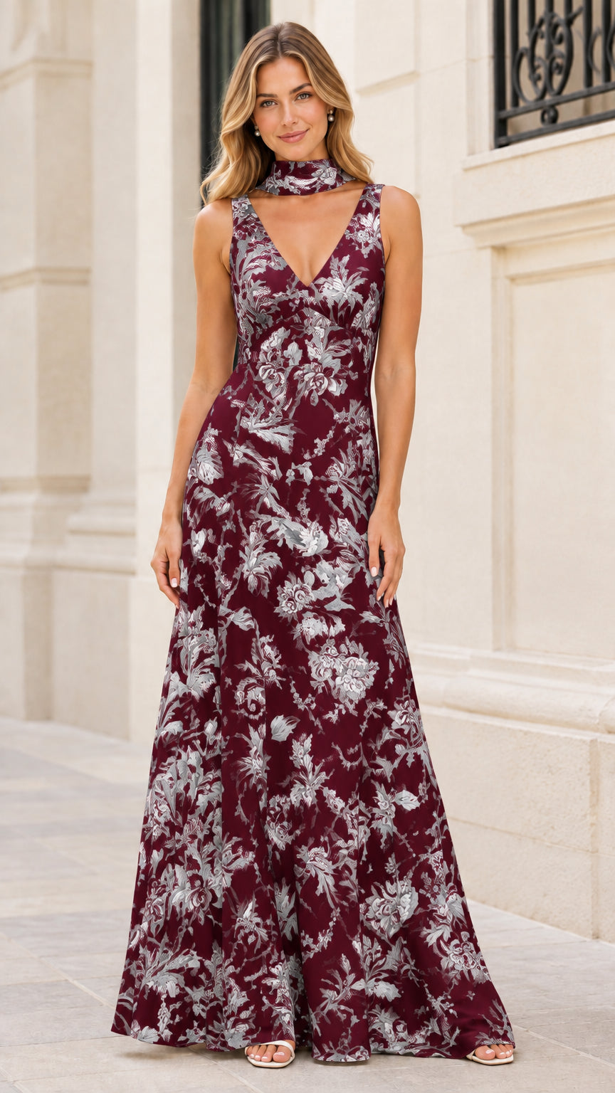 Front full-length view of woman wearing burgundy floral print choker neck maxi dress
