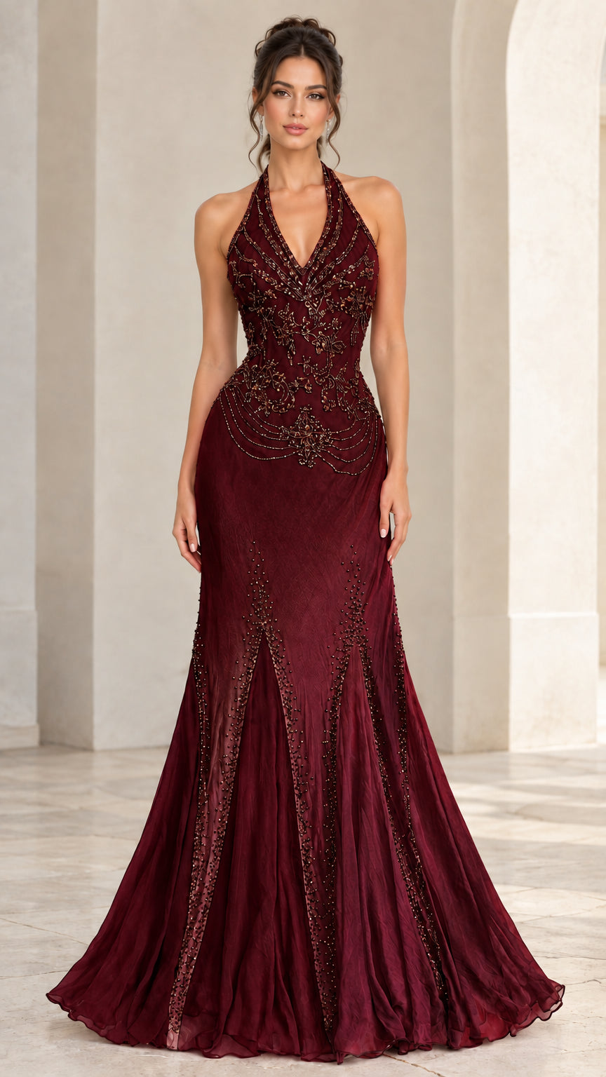 Front view of burgundy beaded halter mermaid maxi dress
