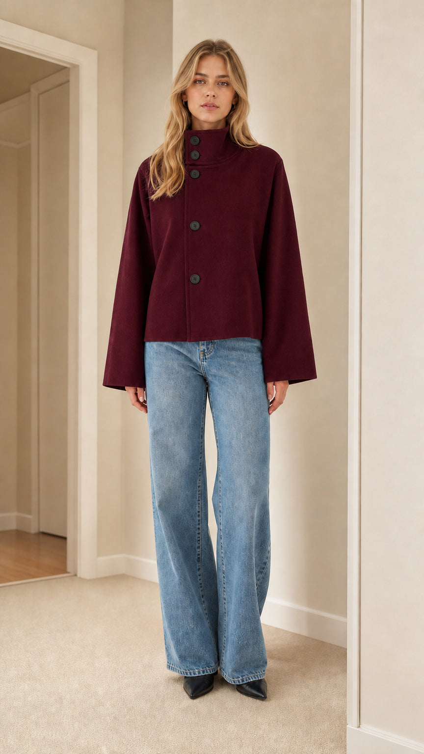 Front view of model wearing deep burgundy high neck cropped jacket