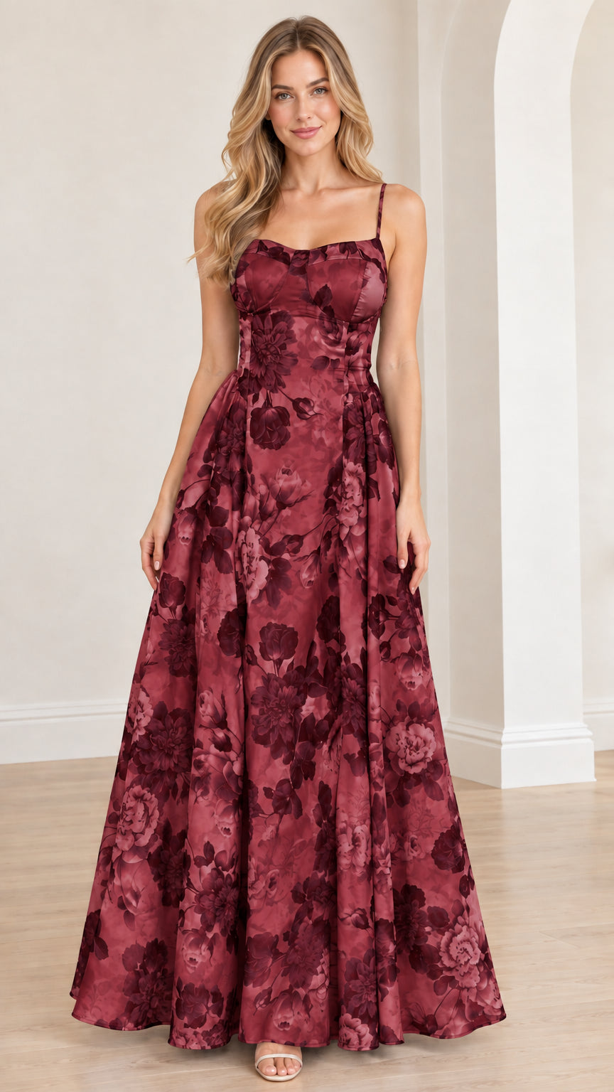 Front view of burgundy wine floral print lace-up maxi gown