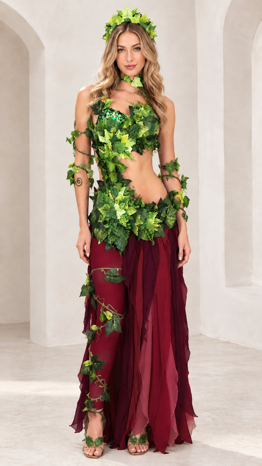 Full-length front view of the ivy leaf costume set in burgundy