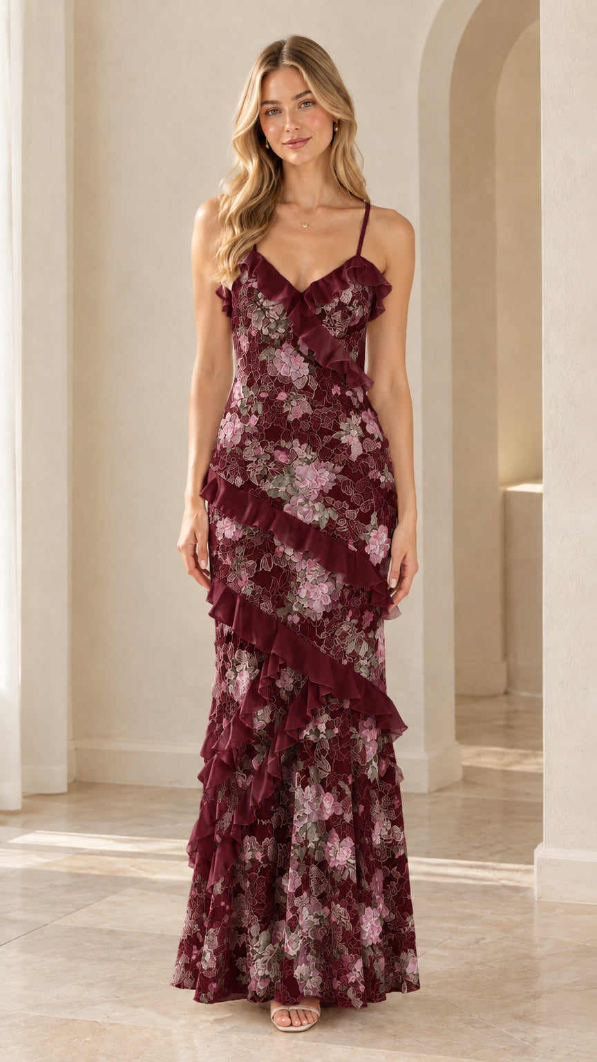 Burgundy floral lace asymmetrical ruffle tiered cami maxi dress front view
