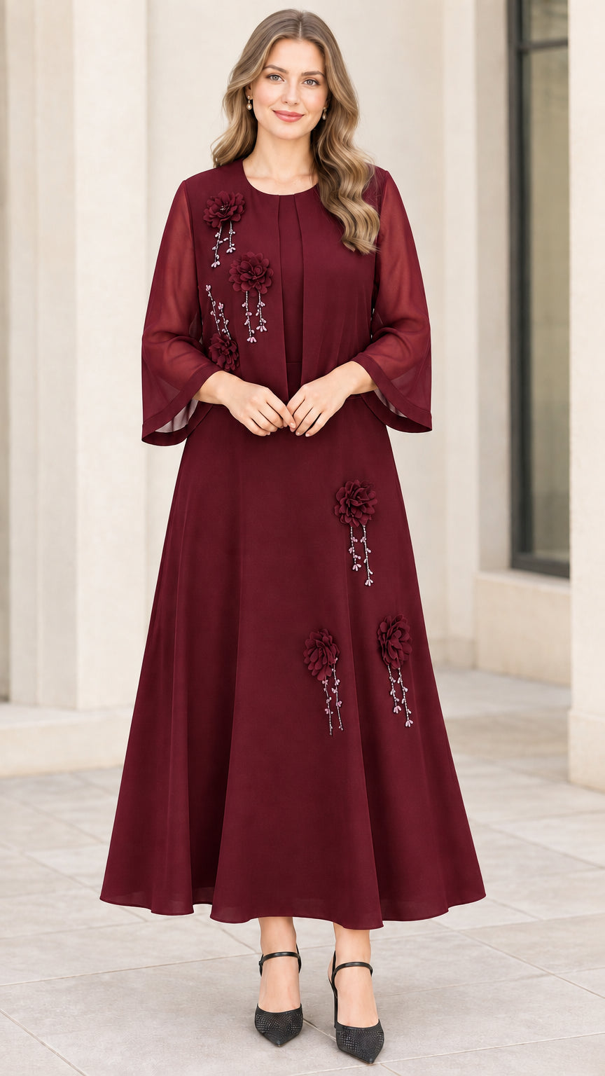 Full front view of burgundy wine red floral appliqué chiffon maxi dress set with matching jacket