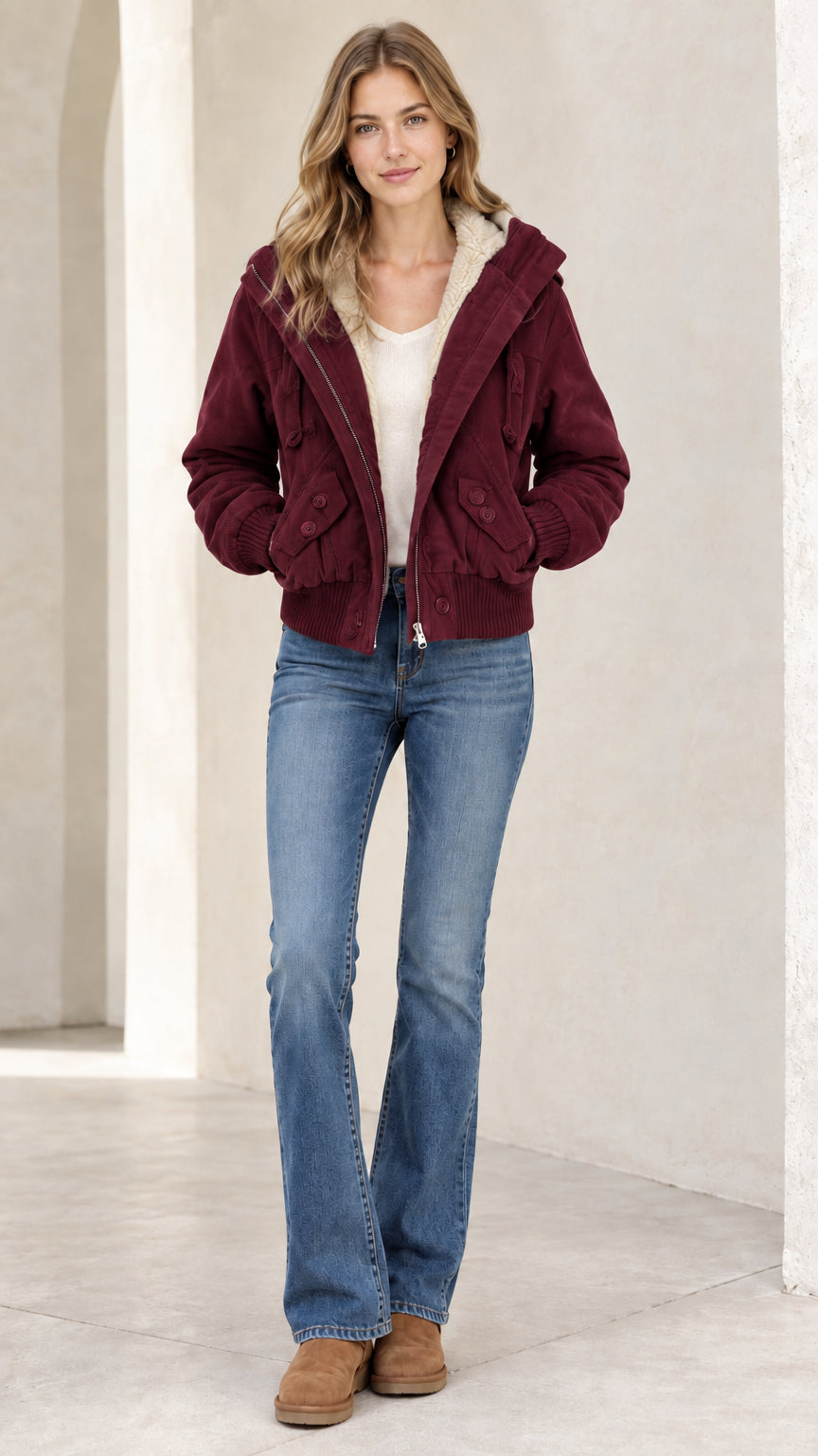 Front view of woman wearing a burgundy fleece-lined hooded bomber jacket