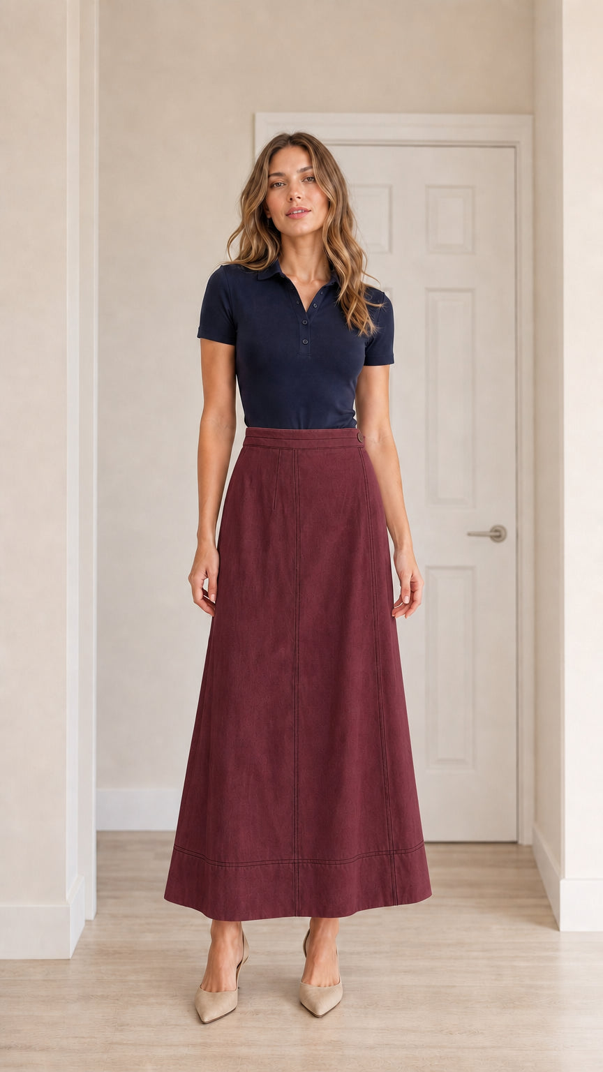 Front view of model wearing burgundy wine high-waisted A-line maxi skirt