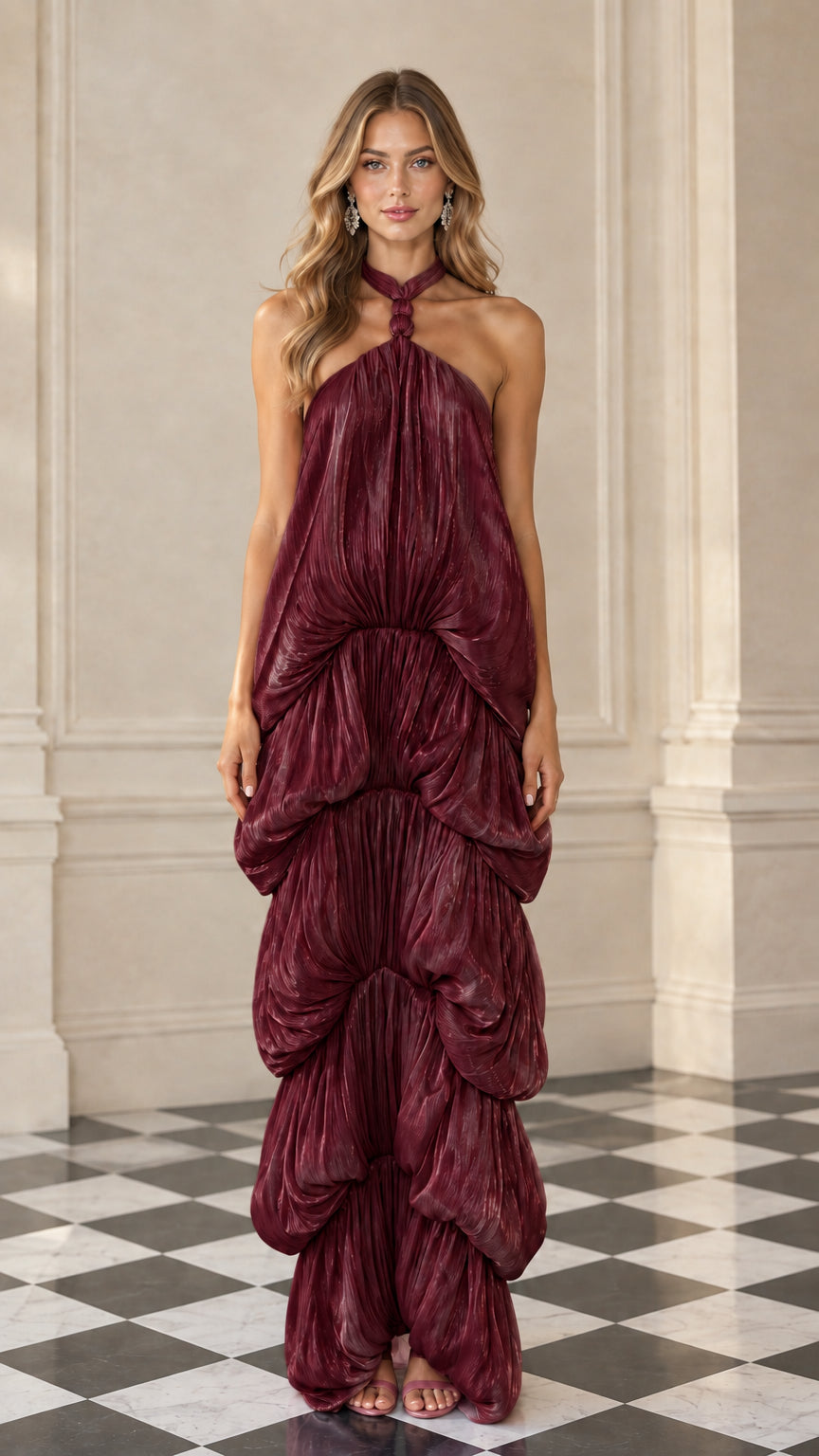 Front full-length view of model wearing burgundy wine pleated shimmer halter tiered maxi dress