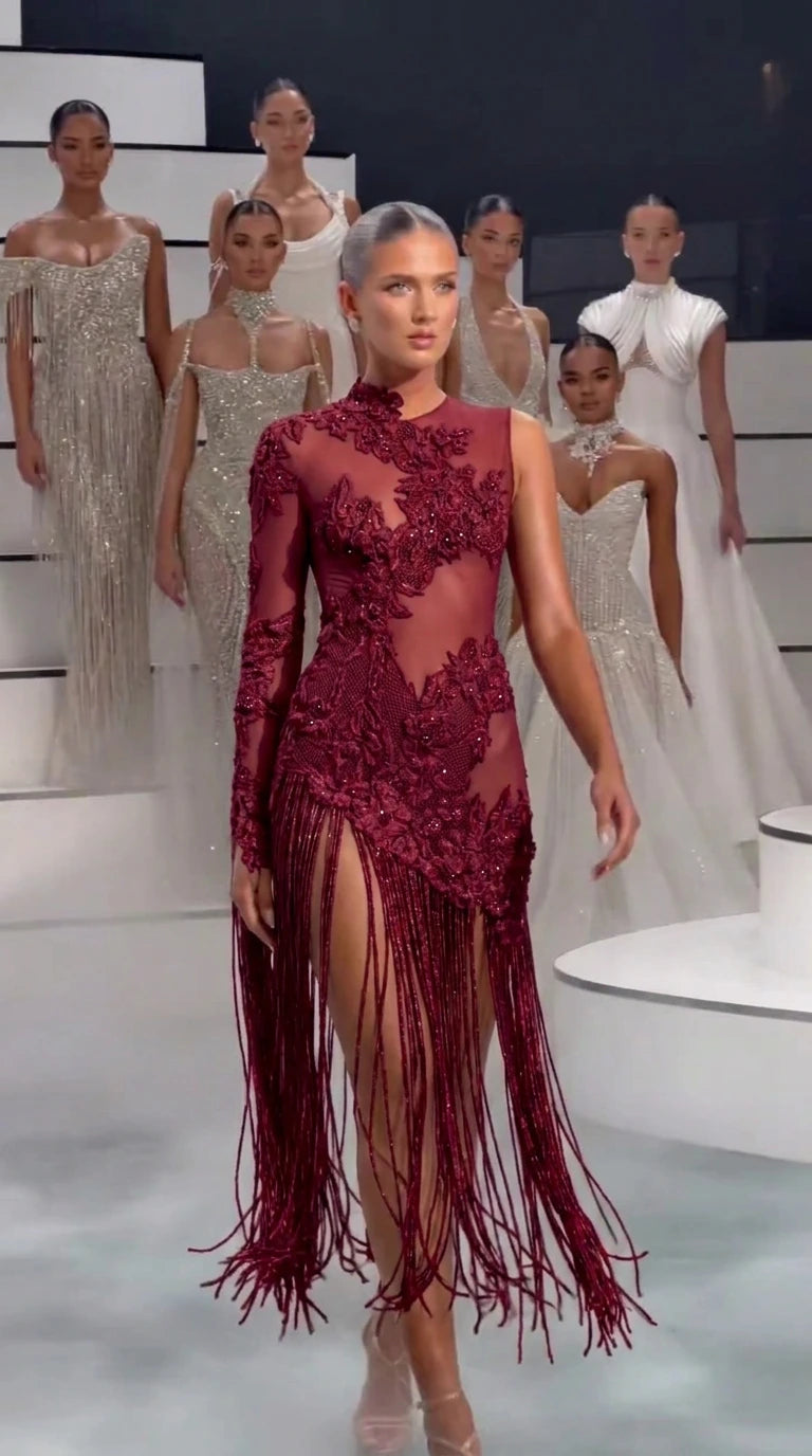 Burgundy red embroidered lace cutout tassel fringe evening dress