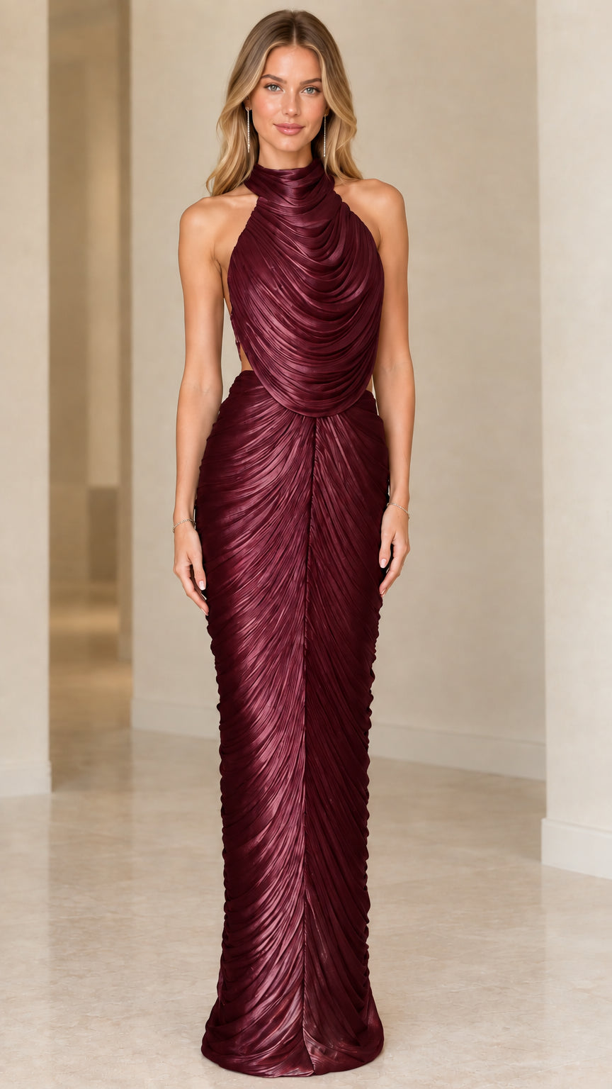 Burgundy wine pleated halter neck evening maxi gown