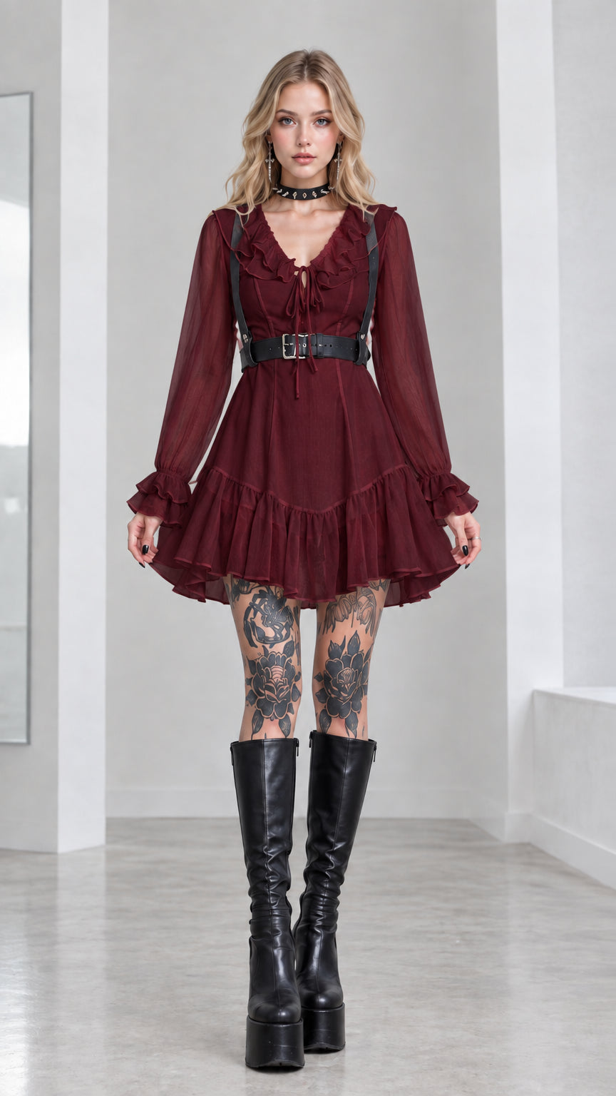 Full front view of burgundy wine ruffled mini dress with black harness belt