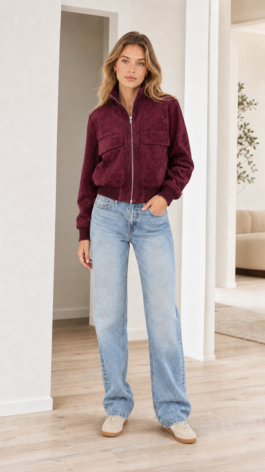 Model wearing burgundy faux suede zip-up bomber jacket with denim