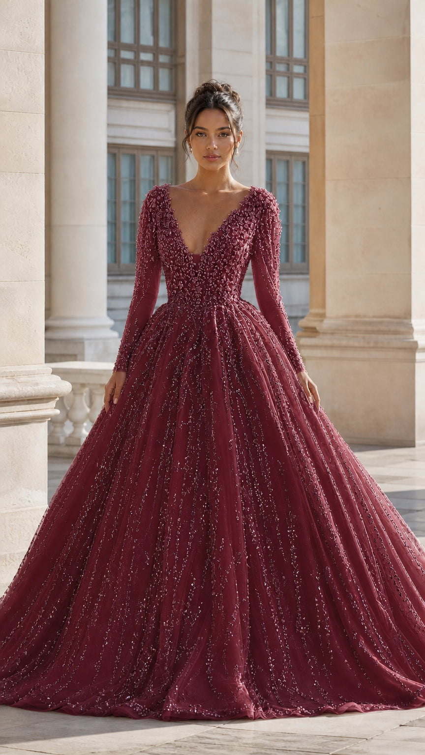 Burgundy wine long sleeve beaded plunging neckline tulle ball gown
