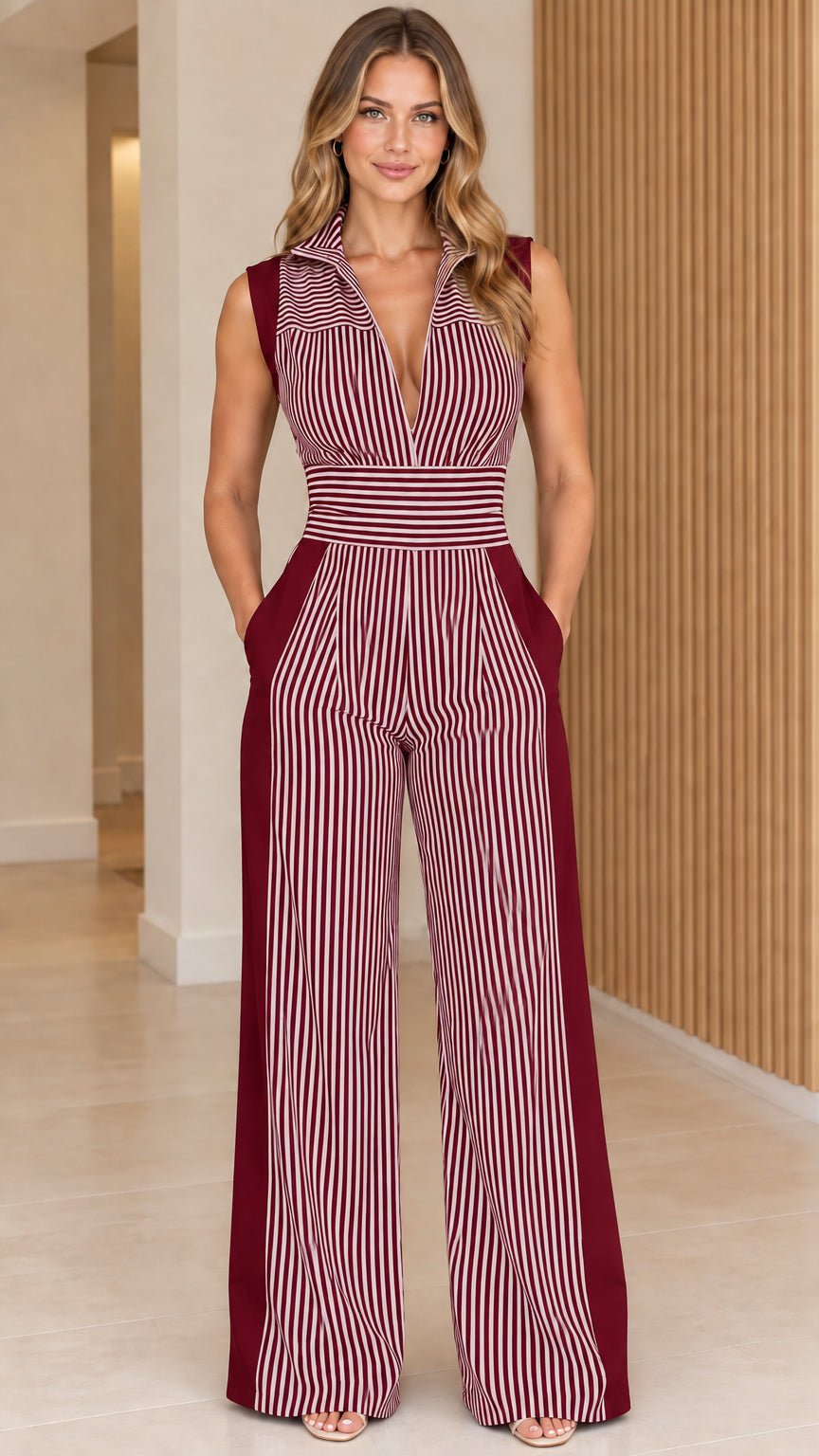 Front view of woman wearing burgundy and white striped sleeveless wide-leg jumpsuit