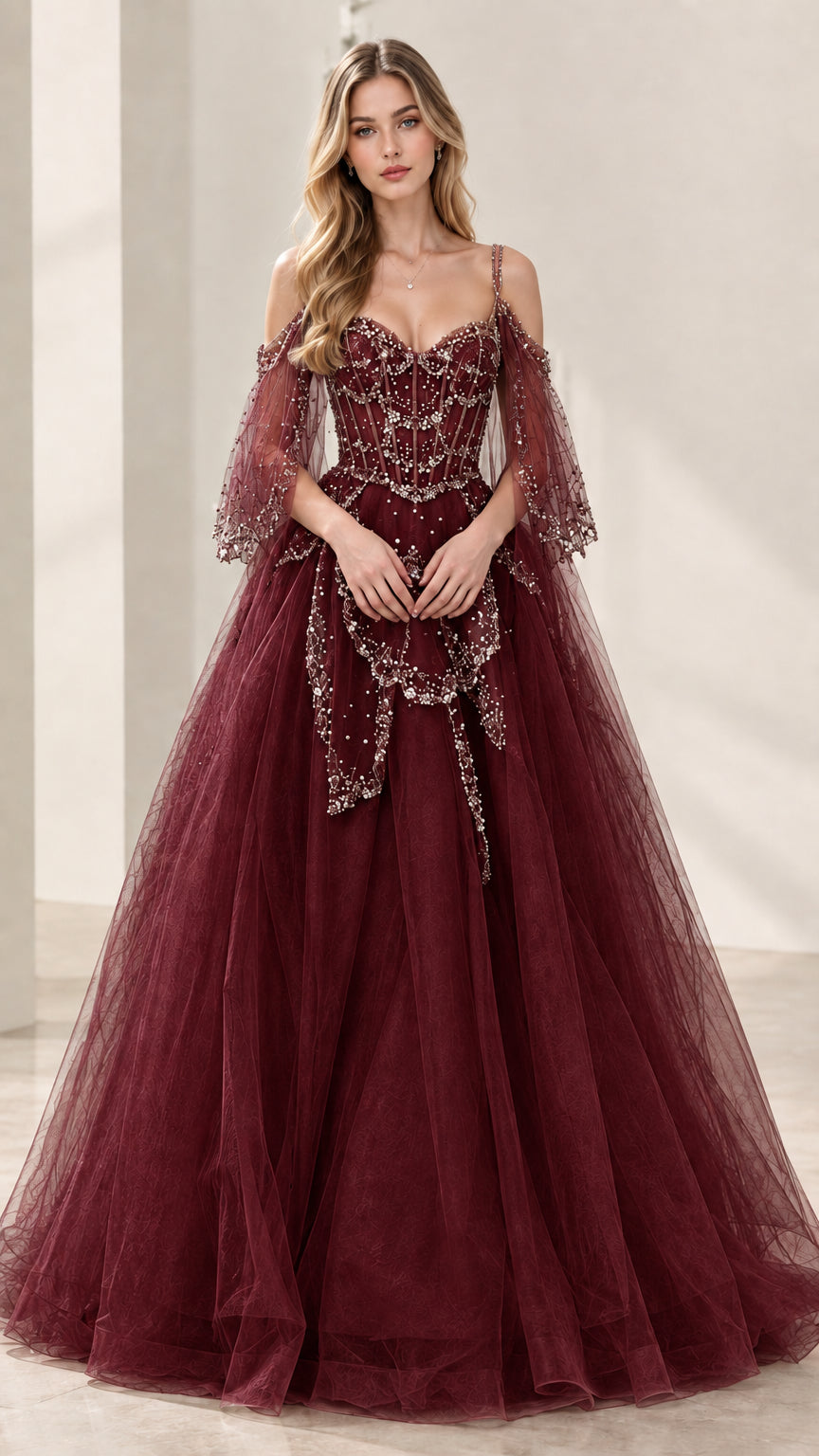 Burgundy wine red embroidered A-line evening gown with corset bodice