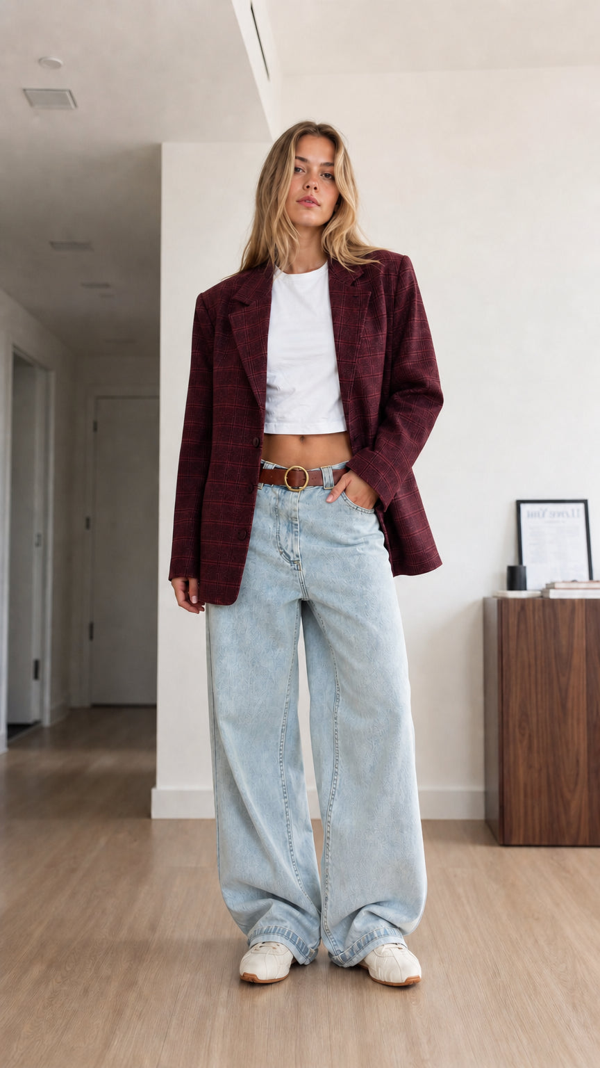 Model wearing burgundy plaid oversized blazer