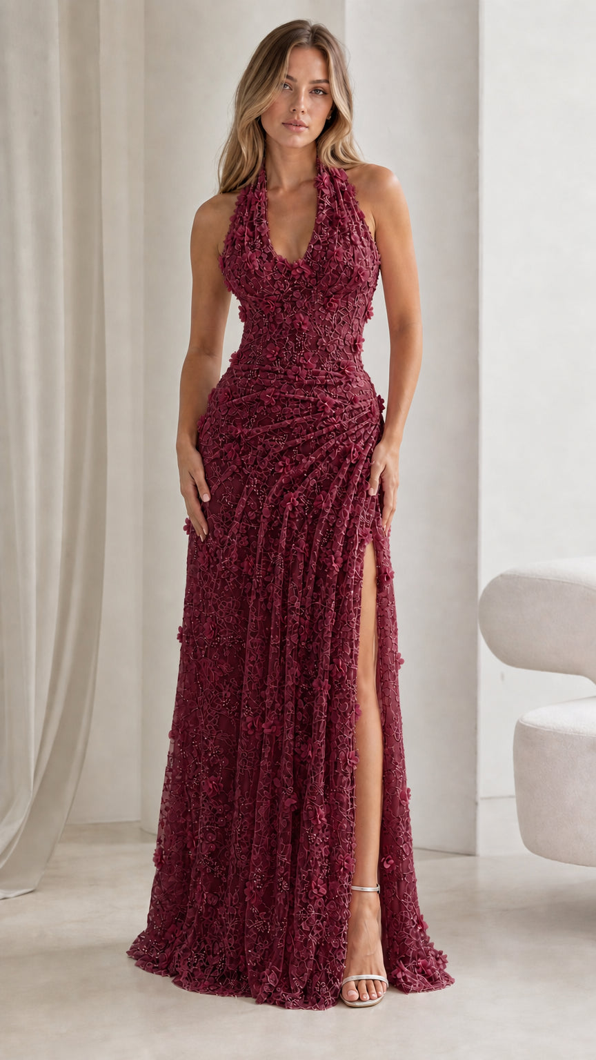 Burgundy wine red 3D floral applique halter maxi dress with side slit