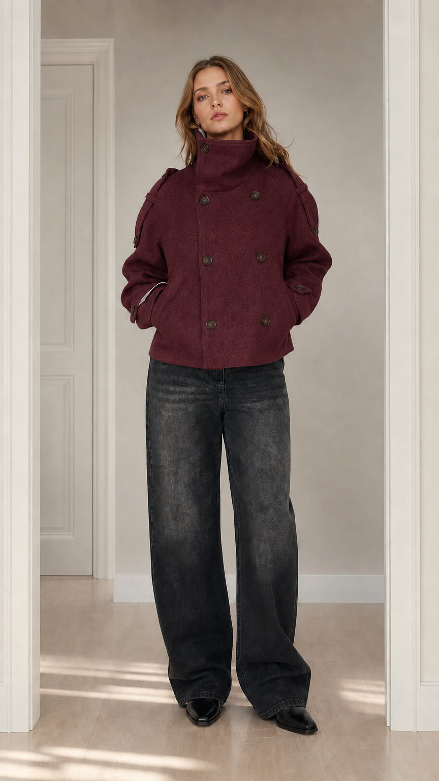Front view of woman wearing burgundy wine red double-breasted stand collar short wool coat