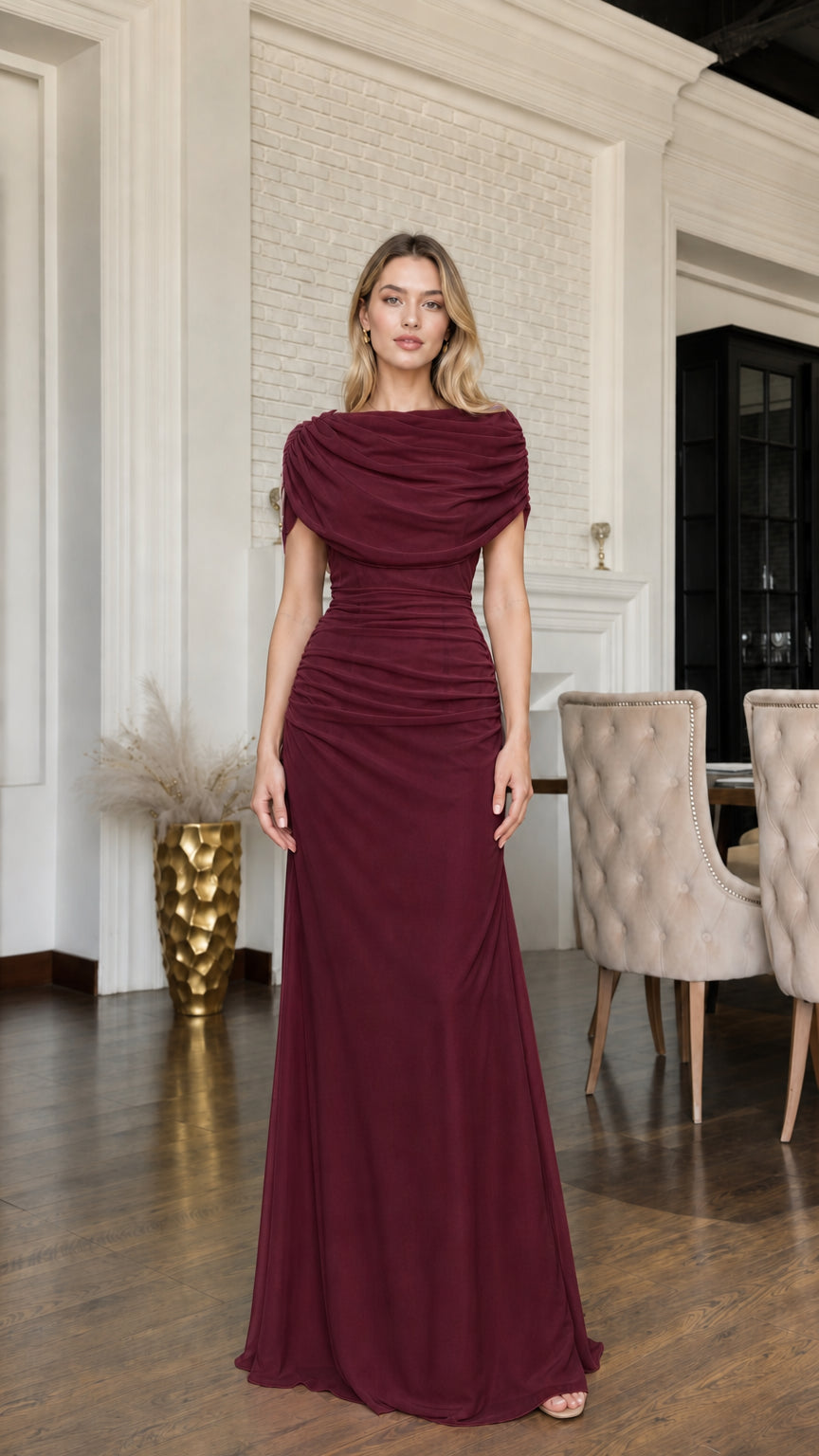 Full front view of burgundy wine ruched cowl neck floor-length dress
