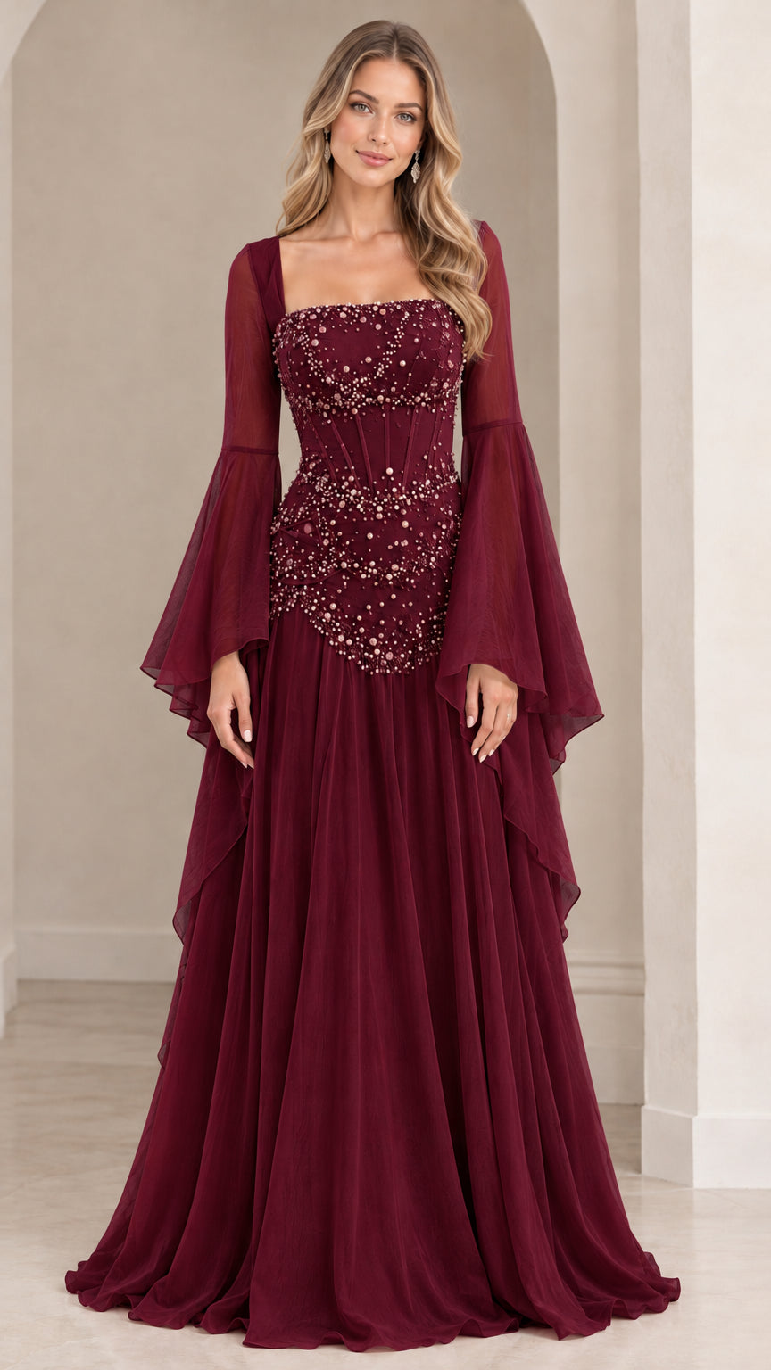 Burgundy wine red formal maxi gown with beaded bodice and flowing bell sleeves