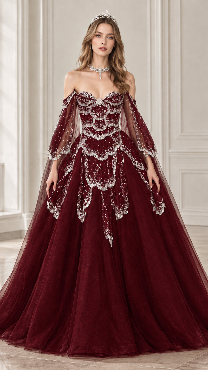 Front view of burgundy red off-the-shoulder beaded tulle ball gown