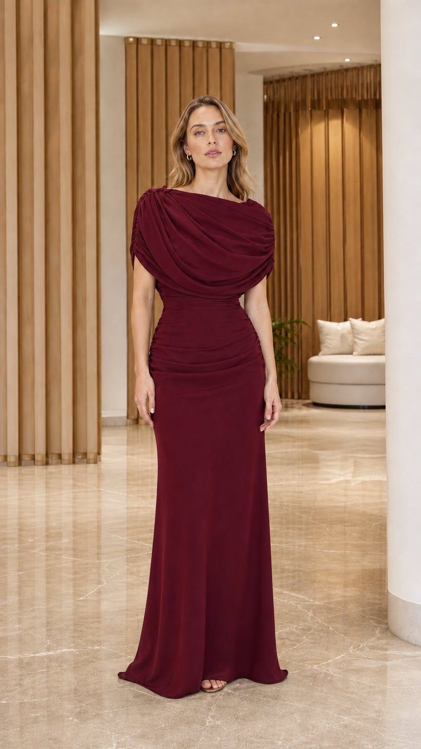 Front view of burgundy draped cowl neck ruched maxi gown