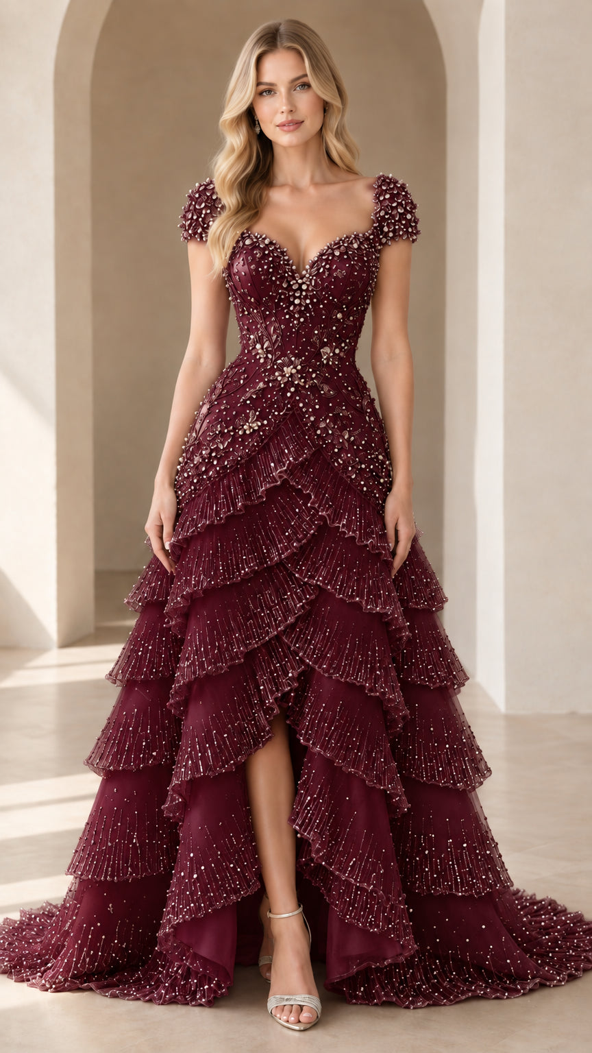 Burgundy beaded floral tiered high-low evening gown front view