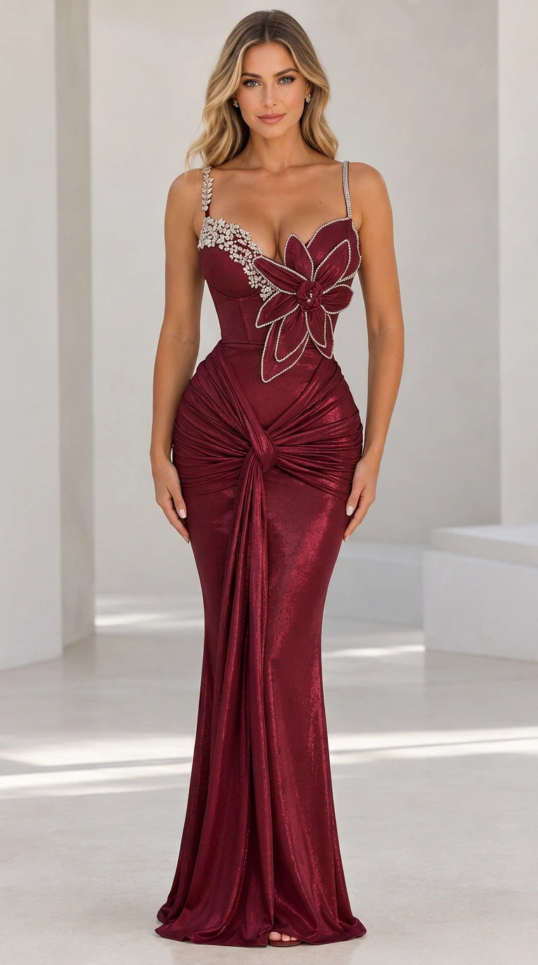 Burgundy red shimmer mermaid formal gown with rhinestone strap detail front view