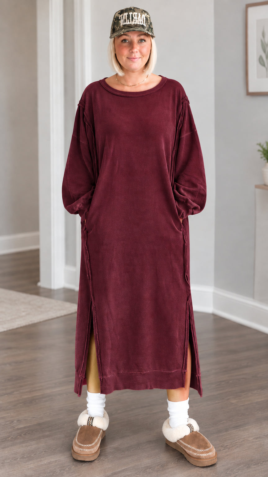 Front full view of the relaxed maxi sweatshirt dress in washed burgundy