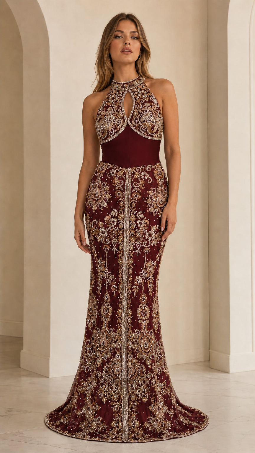 Front view of burgundy red embroidered halter evening dress