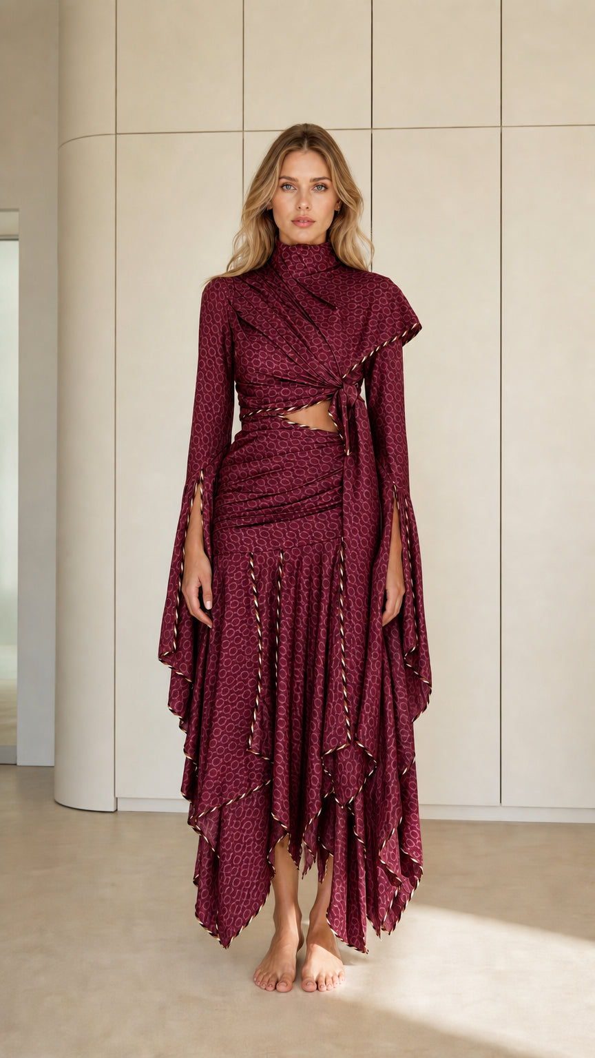 Front view of Burgundy wine draped mock neck cutout maxi dress with slit flared sleeves